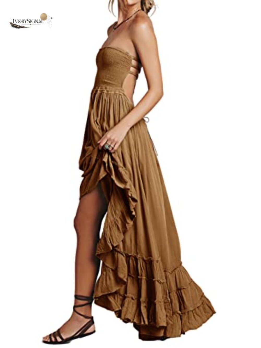 Womens Cotton Rayon Boho Maxi Dress Halter Backless Ruffled Beach Vacation